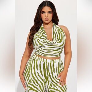Green and White Zebra Print Halter Top and Pants Set